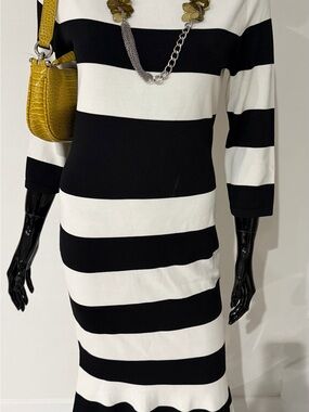 Eva Mendes NY & Company Black White Striped Knit Midi Dress Size M